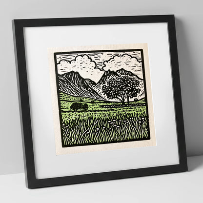 Langdale Pikes Spring Meadow lake district fell art print in black frame