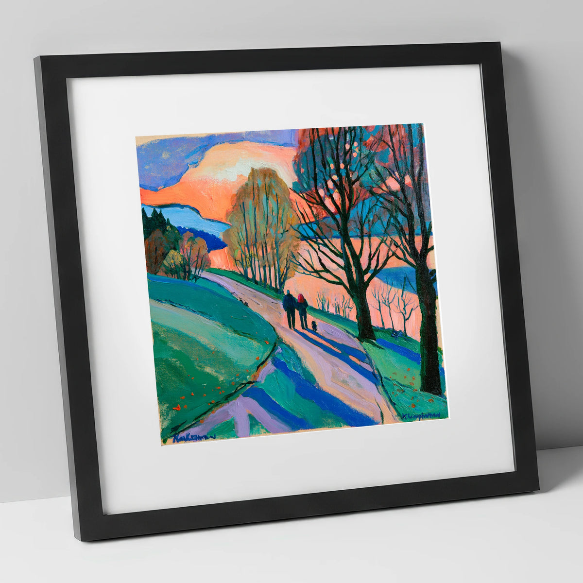 Keswick Sunset Dog Walk gifts for dog walkers art print in black frame