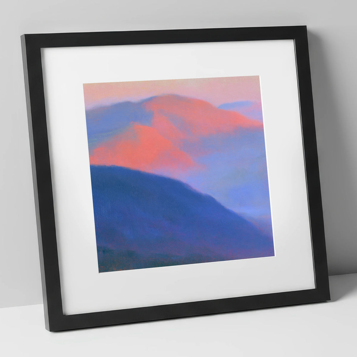 Pink Twilight Over Summit Fells lake district fell art print in black frame