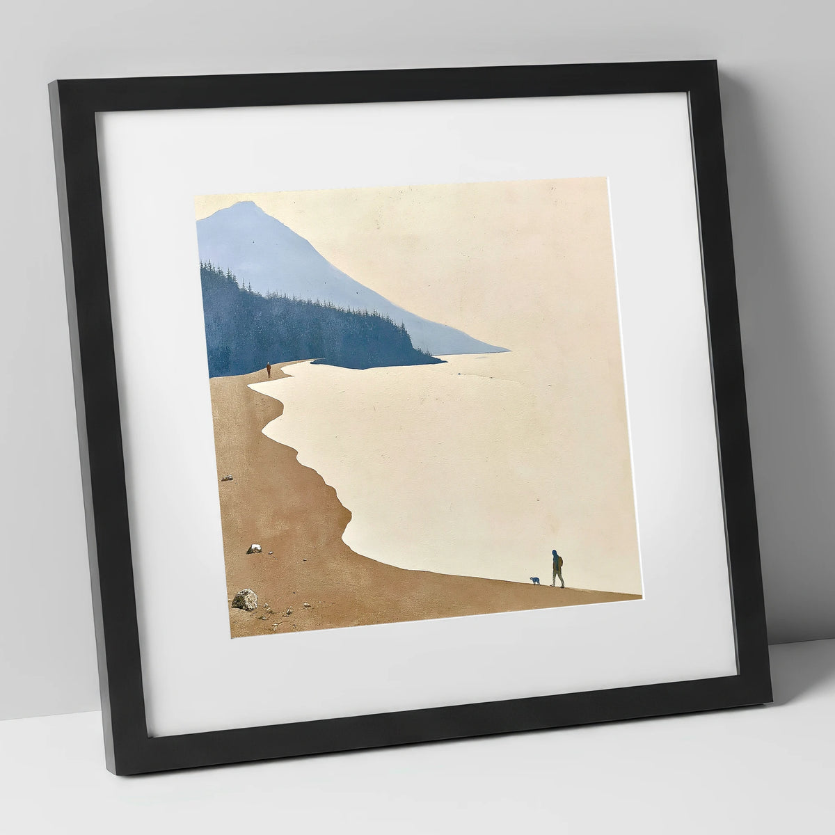 Misty Shoreline Walk with Dog lake district lake art print in black frame