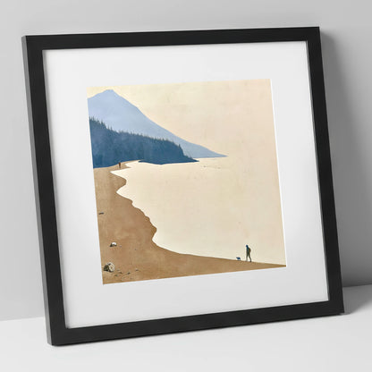Misty Shoreline Walk with Dog lake district lake art print in black frame