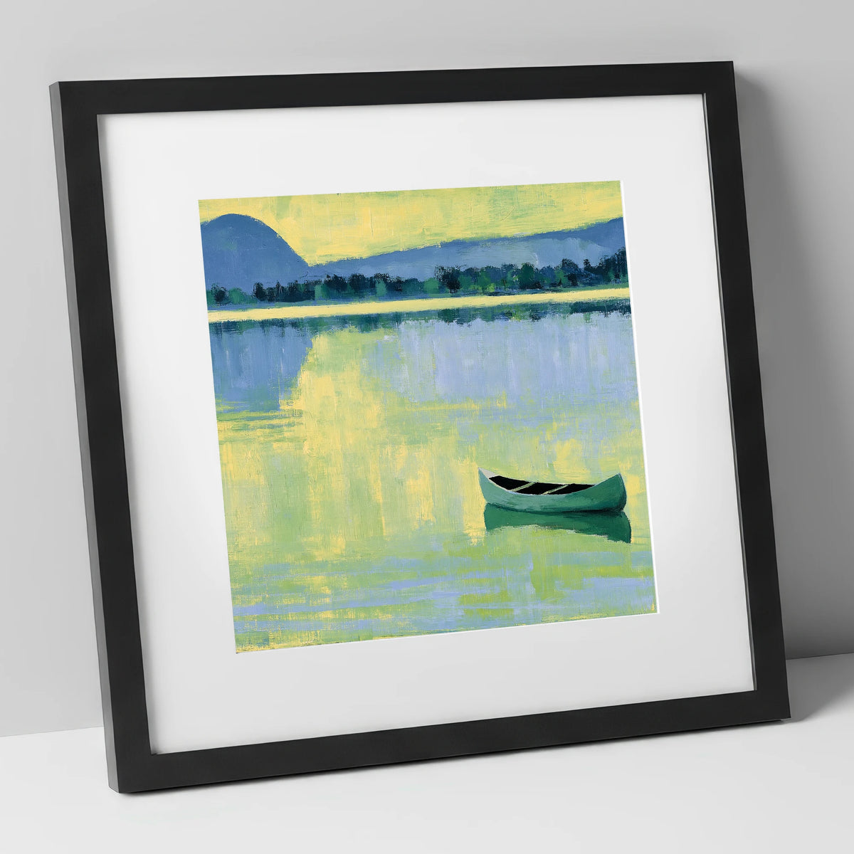 Windermere Canoe in Yellow Light lake district lake art print in black frame