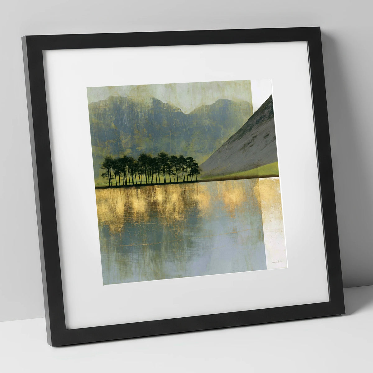 Buttermere Pines in Slate and Gold lake district lake art print in black frame