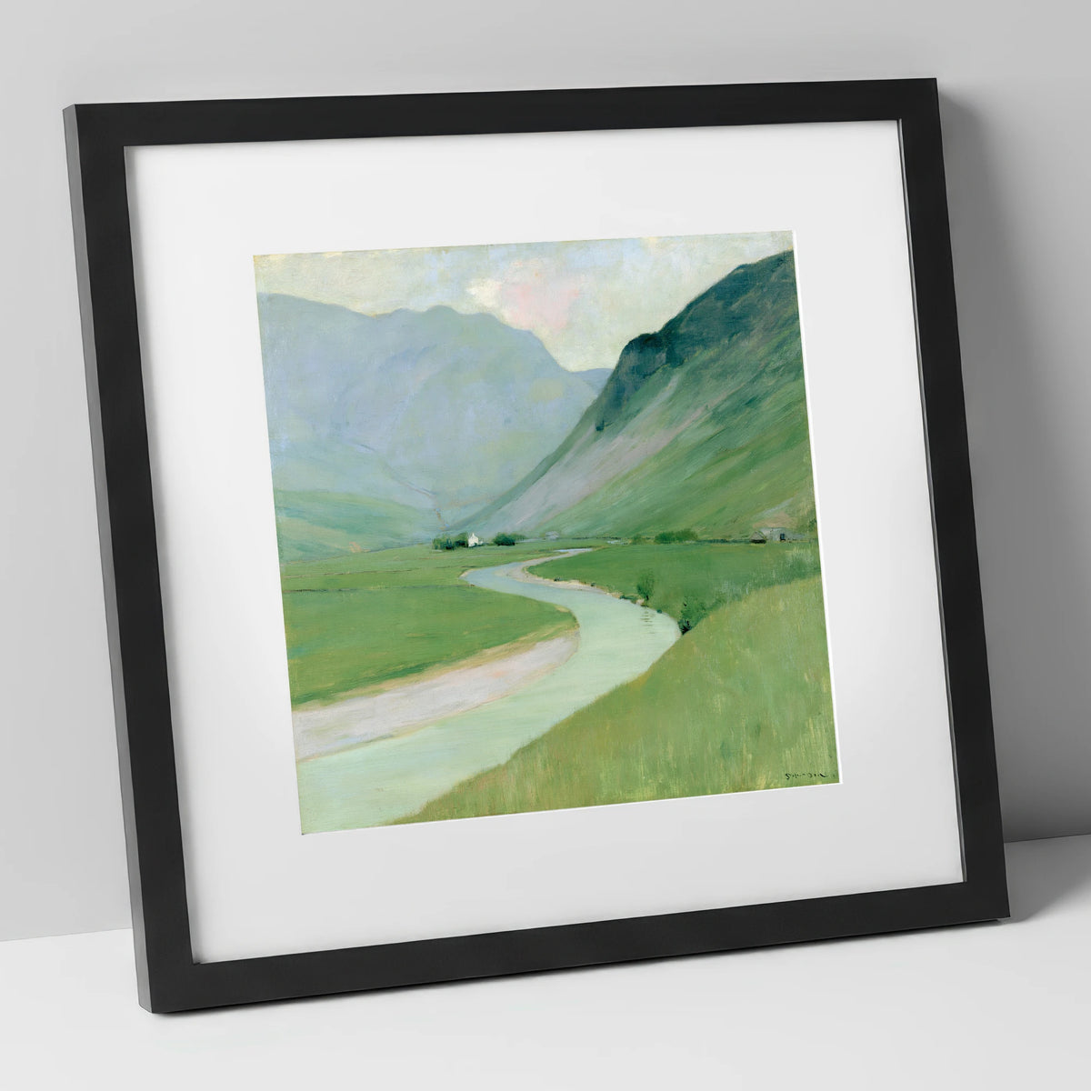 Winding River Below Pastel Fells lake district waterfall art print in black frame