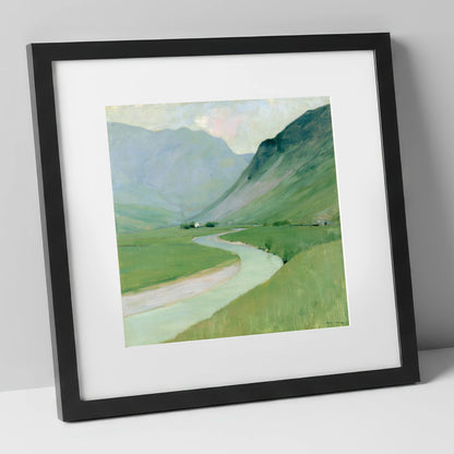 Winding River Below Pastel Fells lake district waterfall art print in black frame