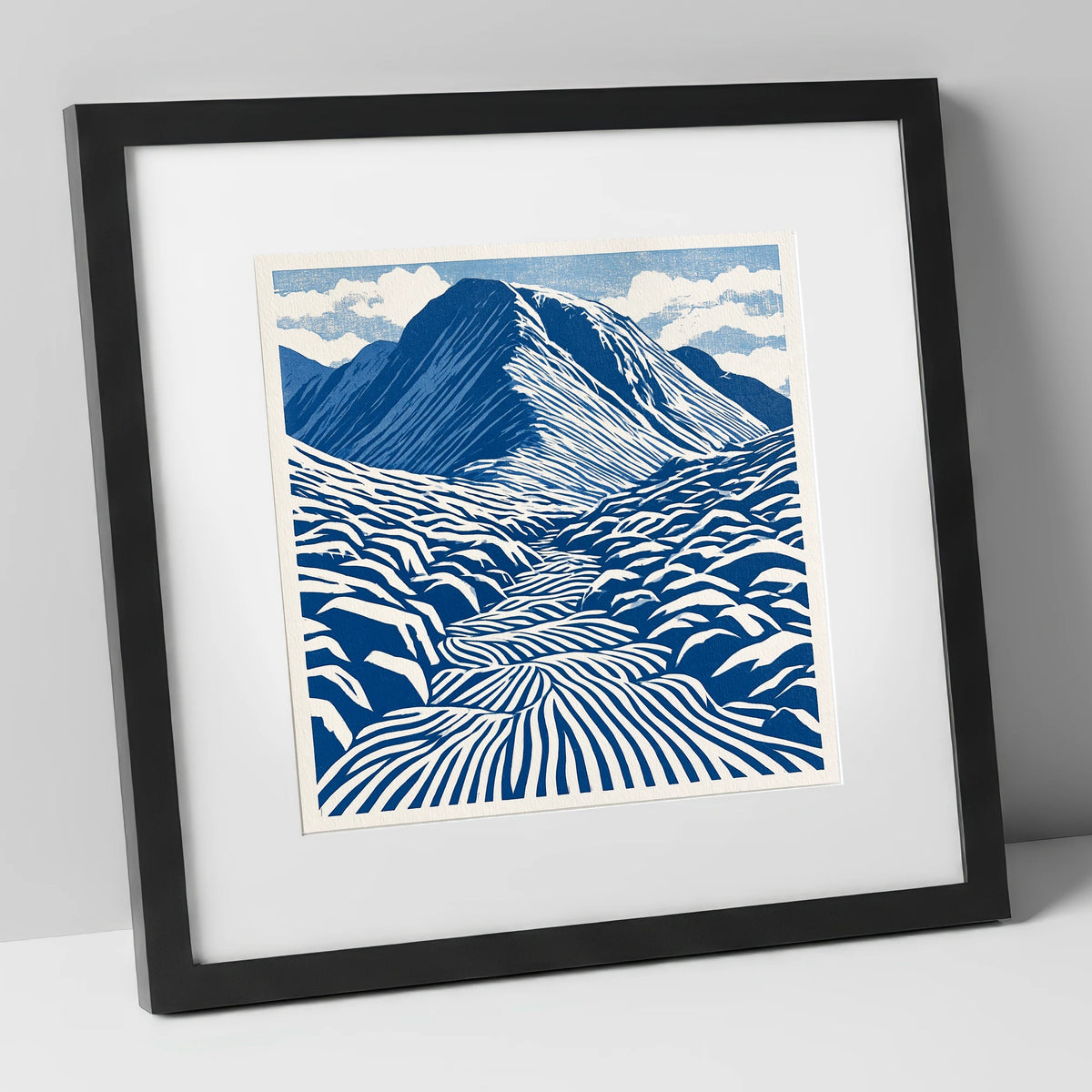 Bold Blue Great Gable lake district fell art print in black frame