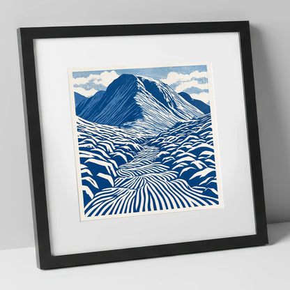 Bold Blue Great Gable lake district fell art print in black frame