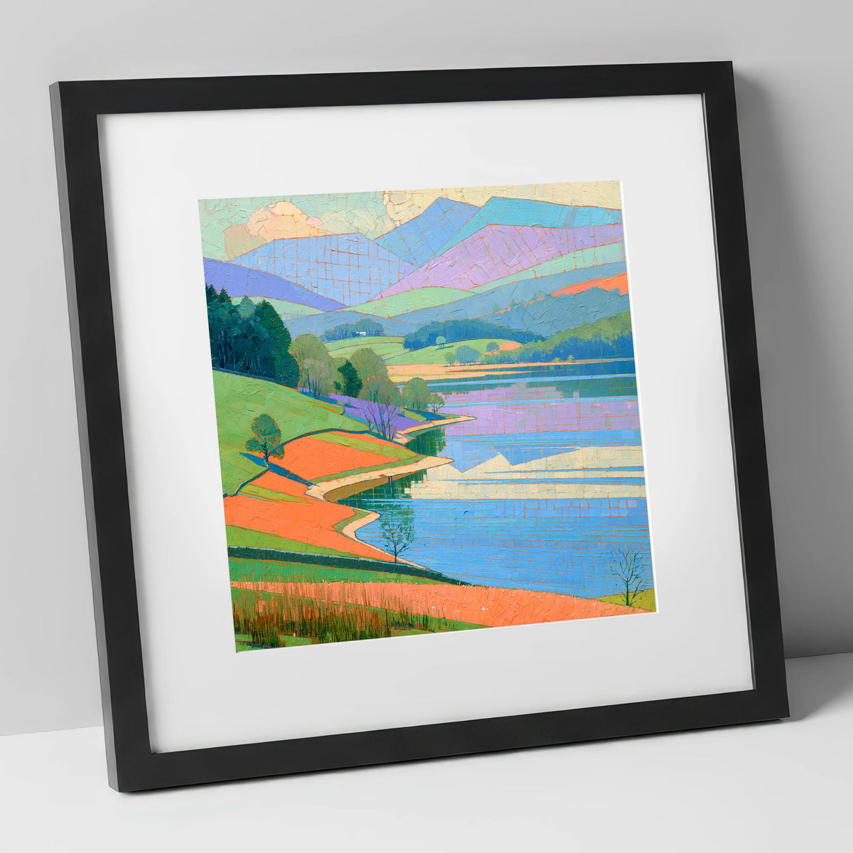 Turquoise Lake And Orange Shores lake district lake art print in black frame