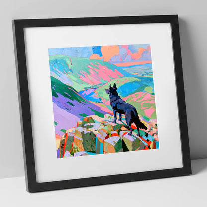 Black Dog on Vibrant Haystacks haystacks wall art art print in black frame