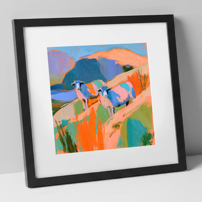 Colourful Herdwick Sheep on Fellside lake district wildlife art print in black frame