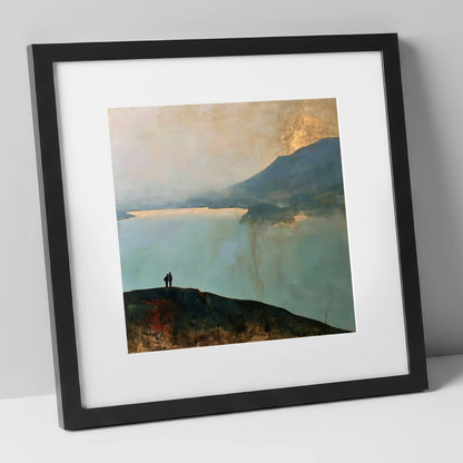 Catbells Walkers in Golden Light lake district fell art print in black frame