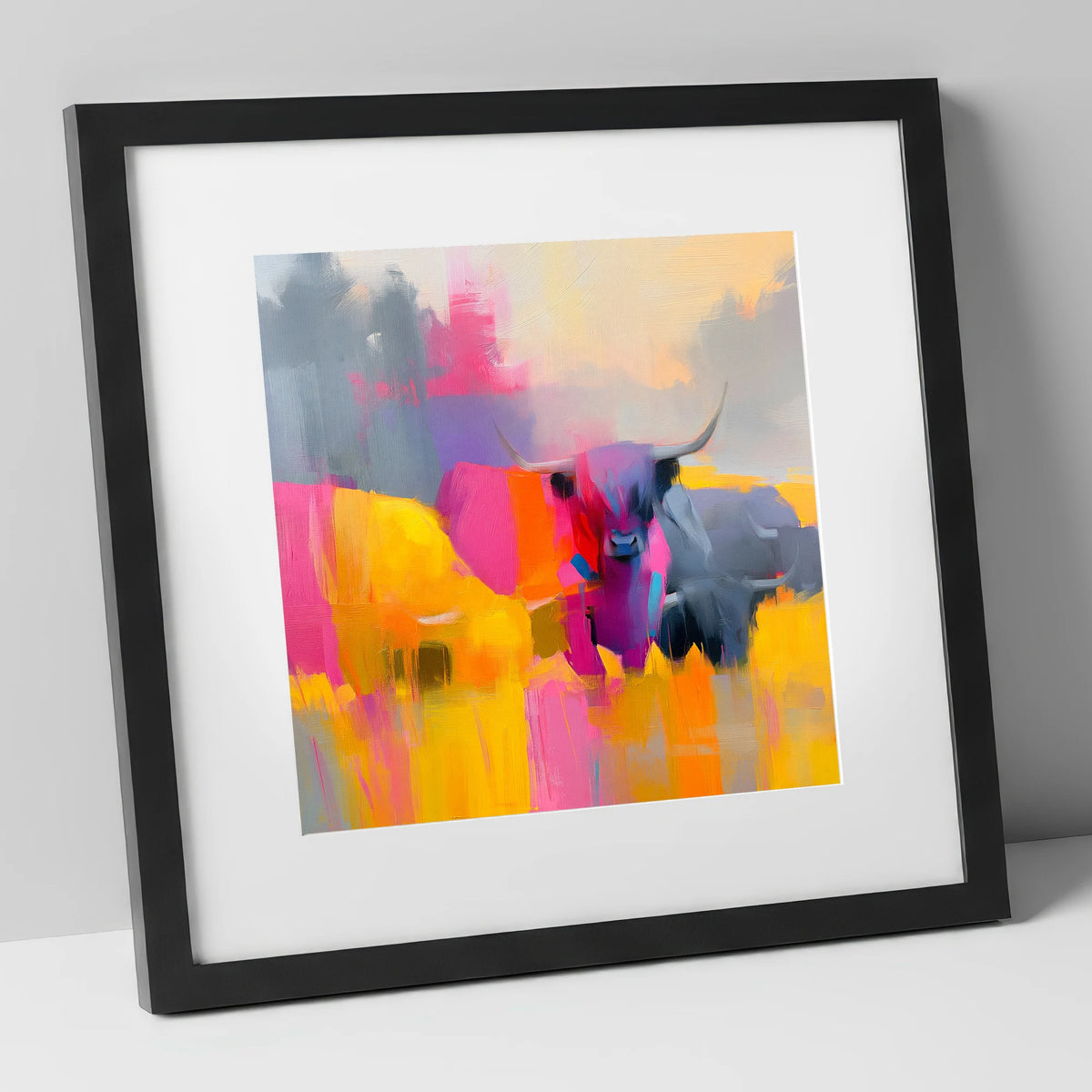 Colourful Highland Cattle Portrait lake district wildlife art print in black frame