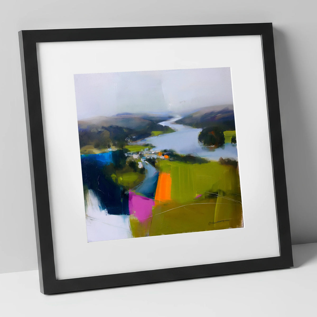 Vibrant Ambleside Lake View lake district village art print in black frame