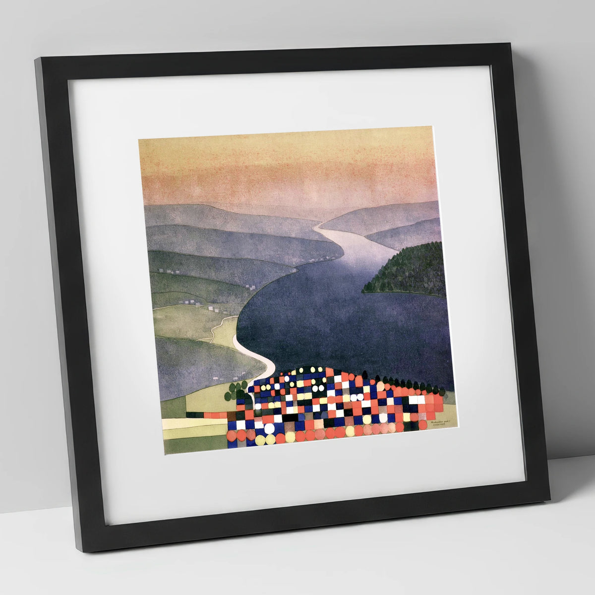 Geometric Ambleside and Indigo Waters lake district village art print in black frame