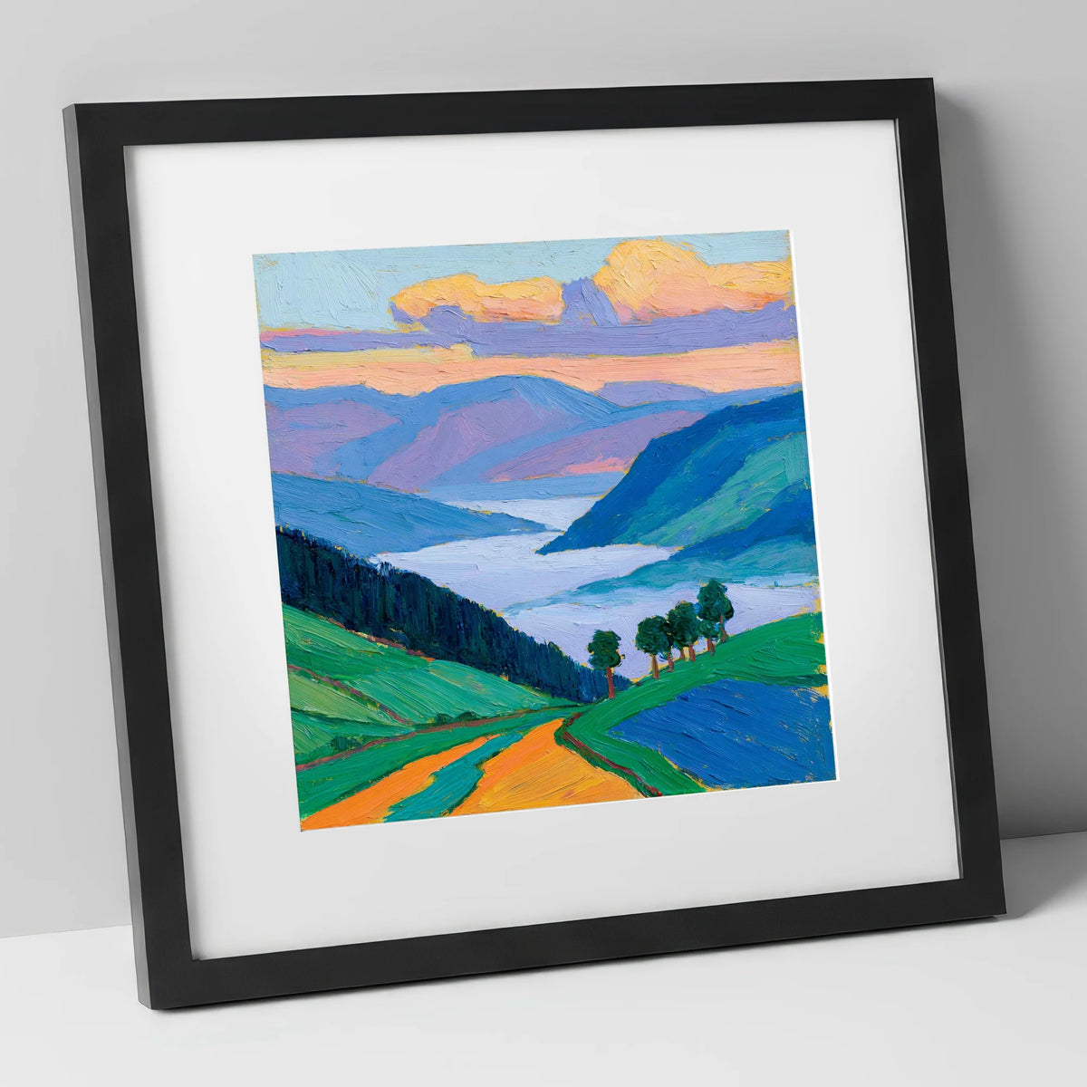 Morning Mist Over Vibrant Valley lake district sky art print in black frame