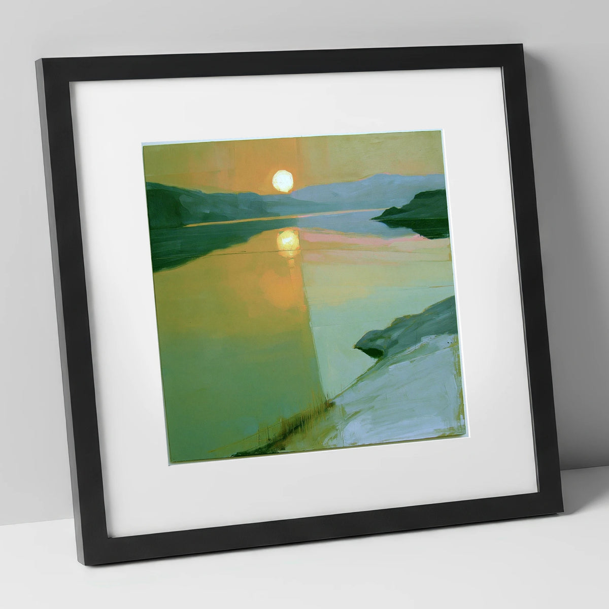 Lake Sunset in Sage Green lake district lake art print in black frame