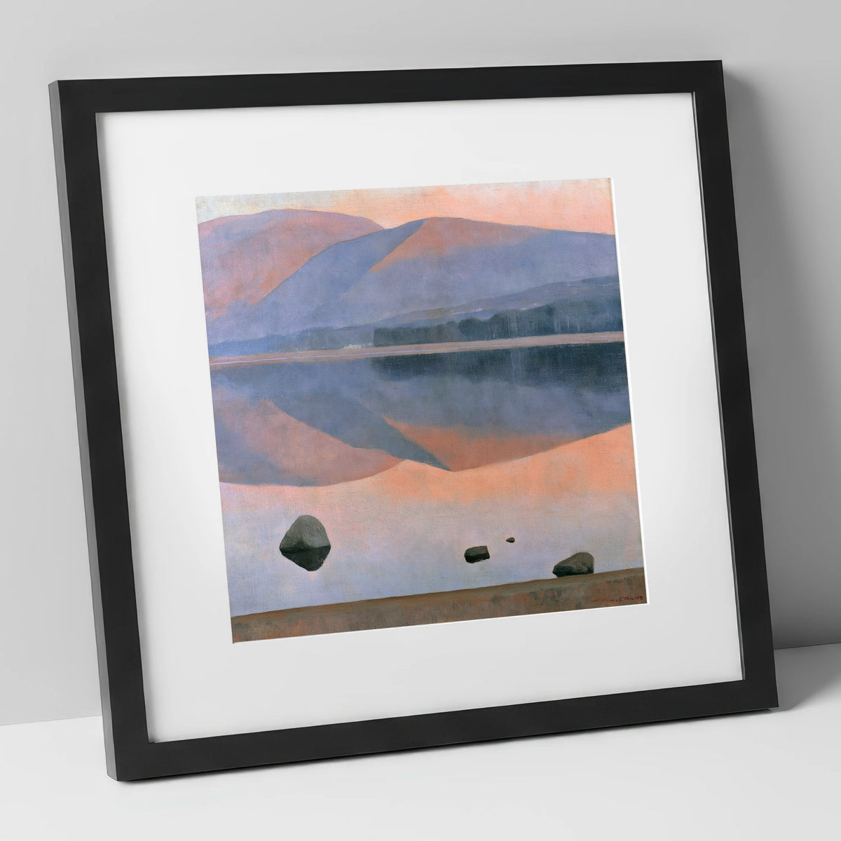 Dusk Fells Reflected on Calm Water lake district lake art print in black frame