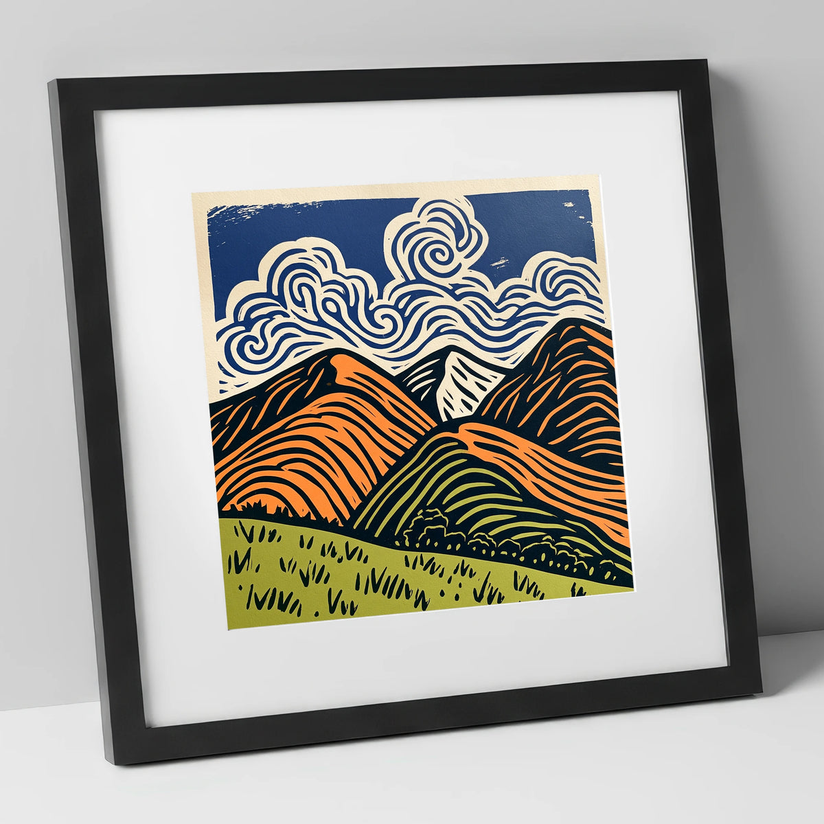 Rolling Fells Under Swirling Clouds lake district fell art print in black frame