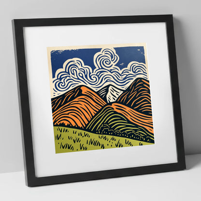 Rolling Fells Under Swirling Clouds lake district fell art print in black frame