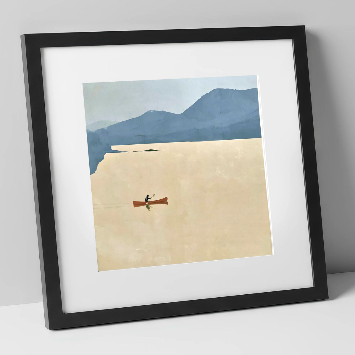 Solo Canoeist on a Golden Lake lake district walking art print in black frame