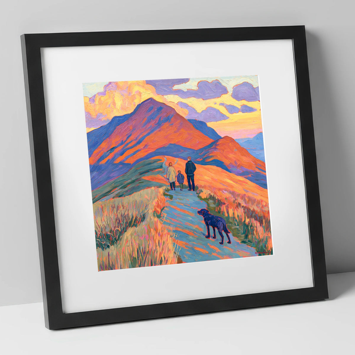 Colourful Cat Bells Dog Walk gifts for dog walkers art print in black frame