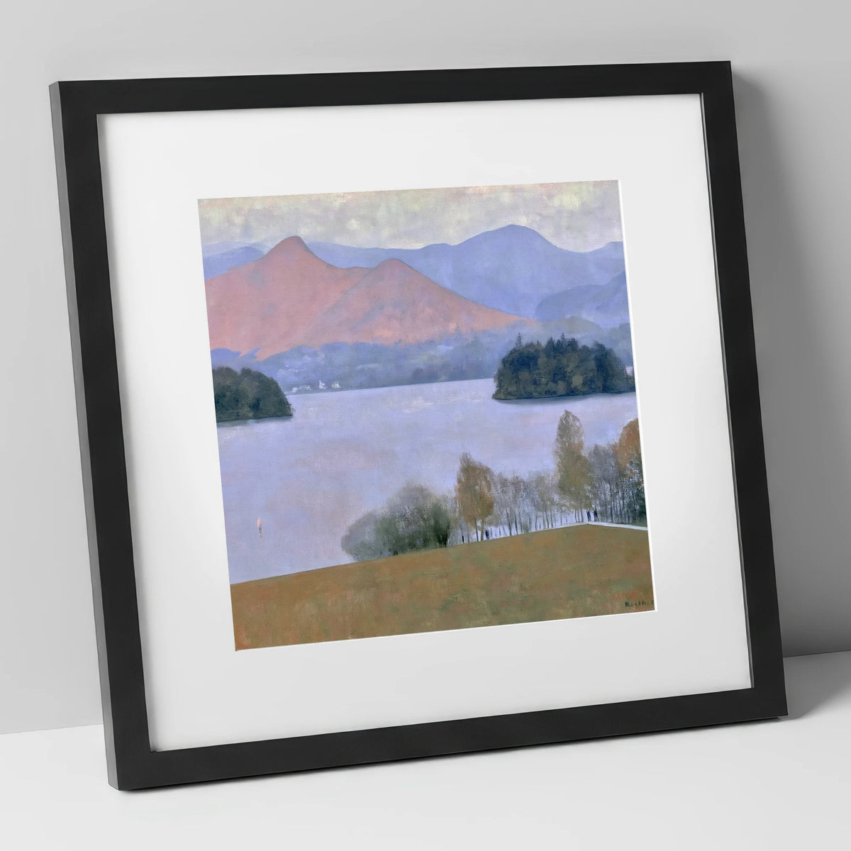 Derwentwater Dusk from Crow Park lake district village art print in black frame