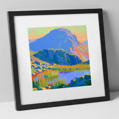 Vibrant Light on Haystacks Tarn lake district fell art print in black frame