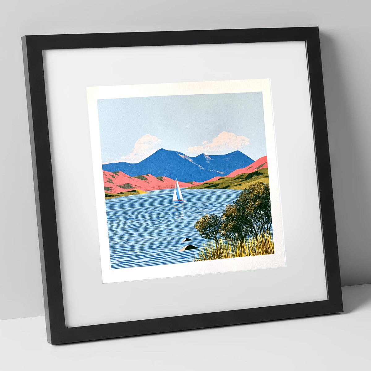 Vibrant Fells Over Coniston Water lake district lake art print in black frame