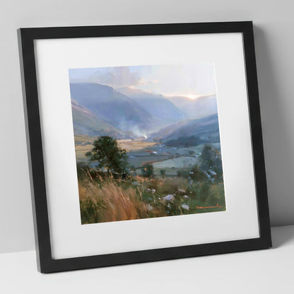 Hazy Sunlight Over Dale Fields lake district valley art print in black frame