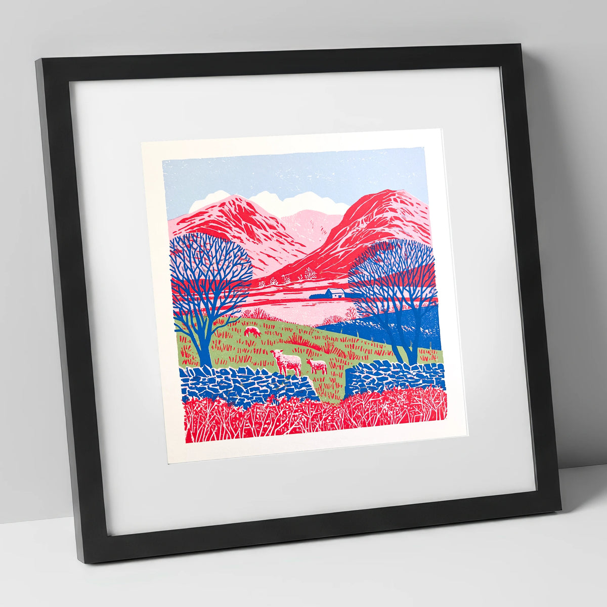 Bold Red Fells of Eskdale lake district valley art print in black frame