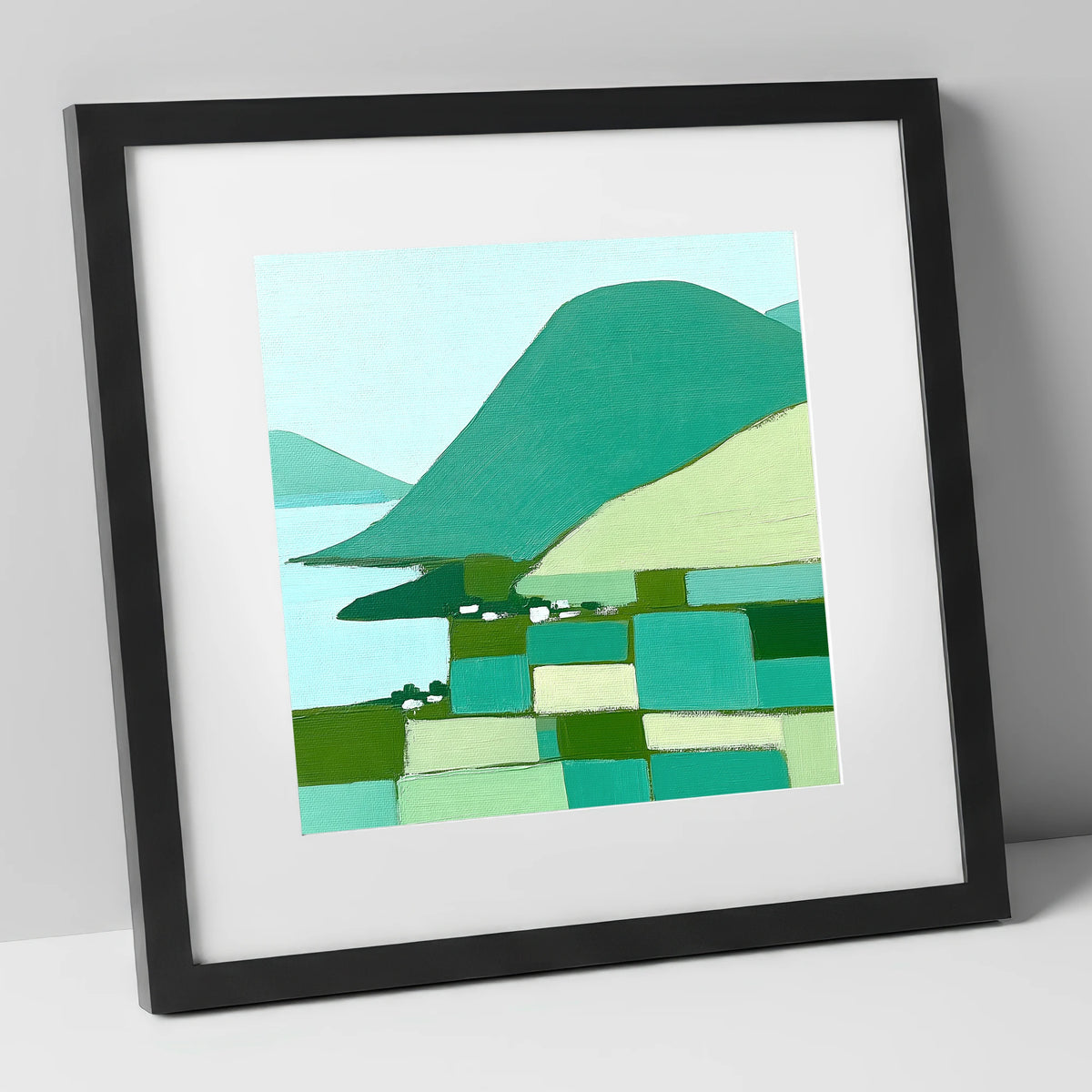 Geometric Greens of Glenridding Village lake district village art print in black frame