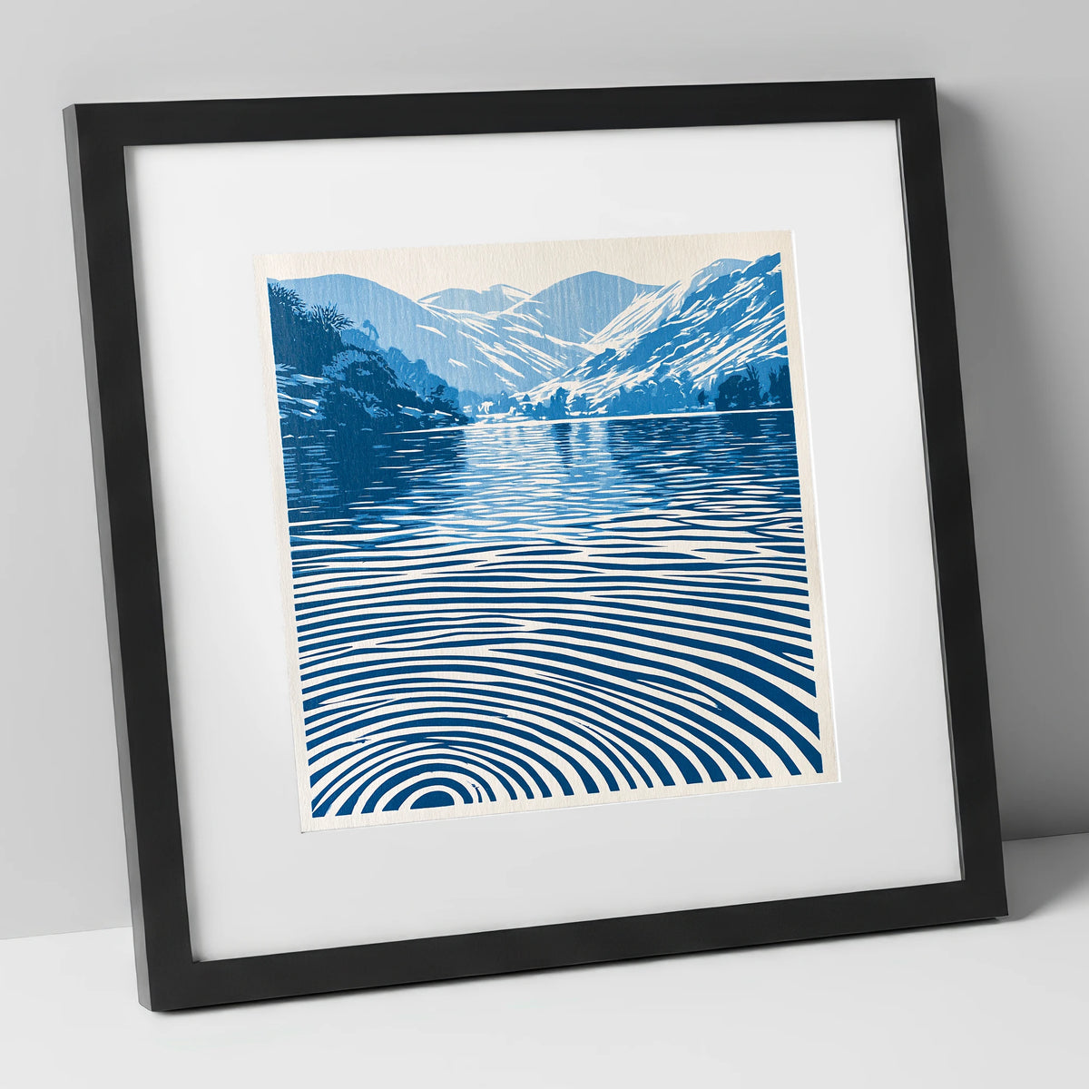 Cobalt Ripples on Dawn Lake lake district lake art print in black frame