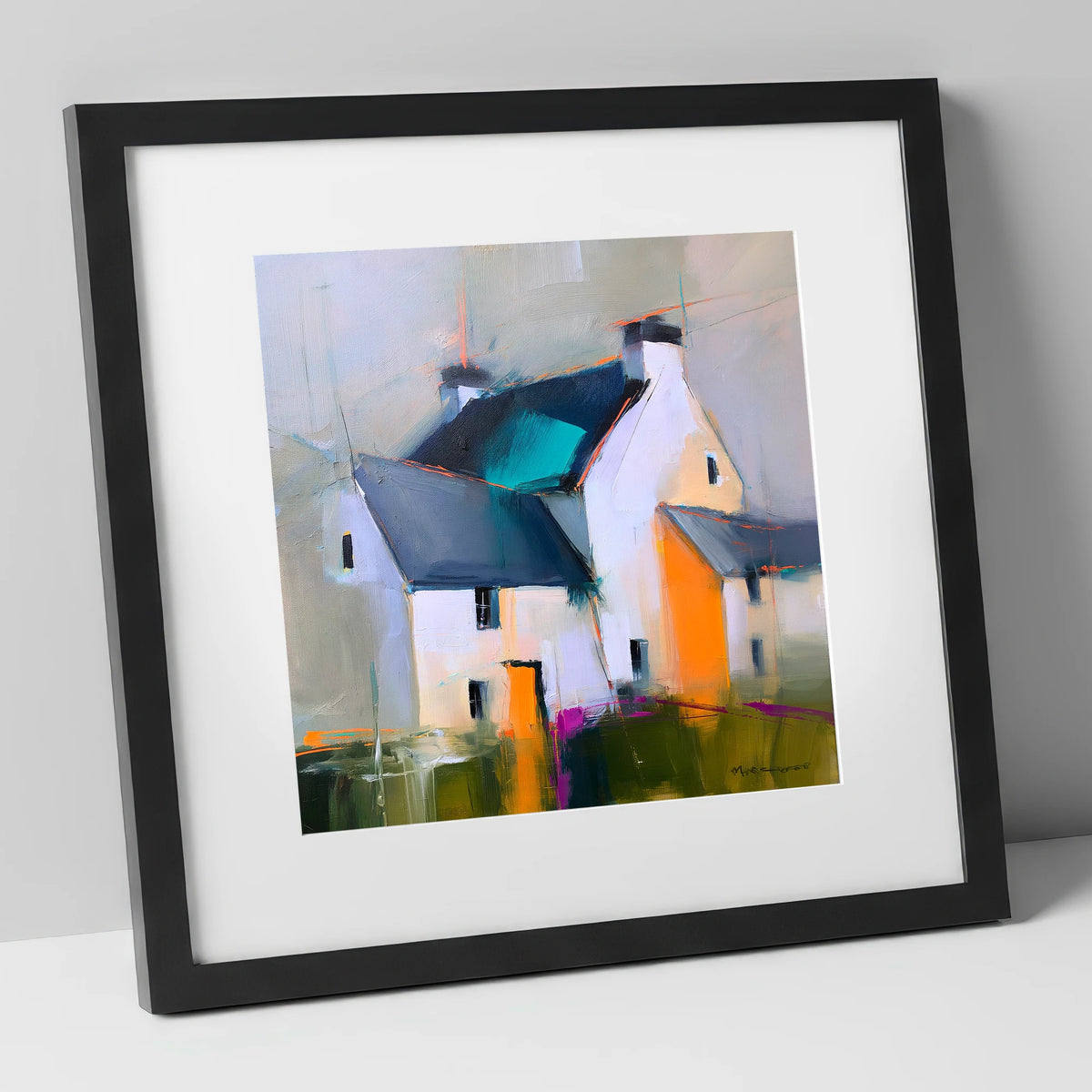 Abstract Lakeland Slate Cottages lake district village art print in black frame
