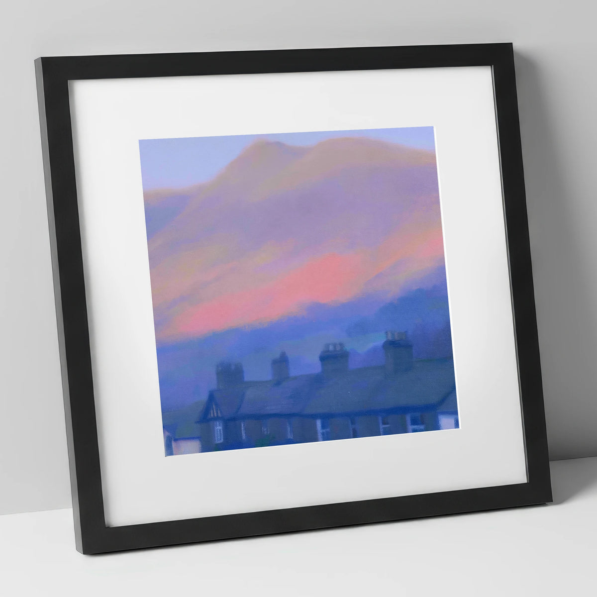 Skiddaw and Keswick Pastel Twilight lake district village art print in black frame