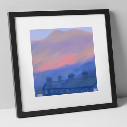 Skiddaw and Keswick Pastel Twilight lake district village art print in black frame