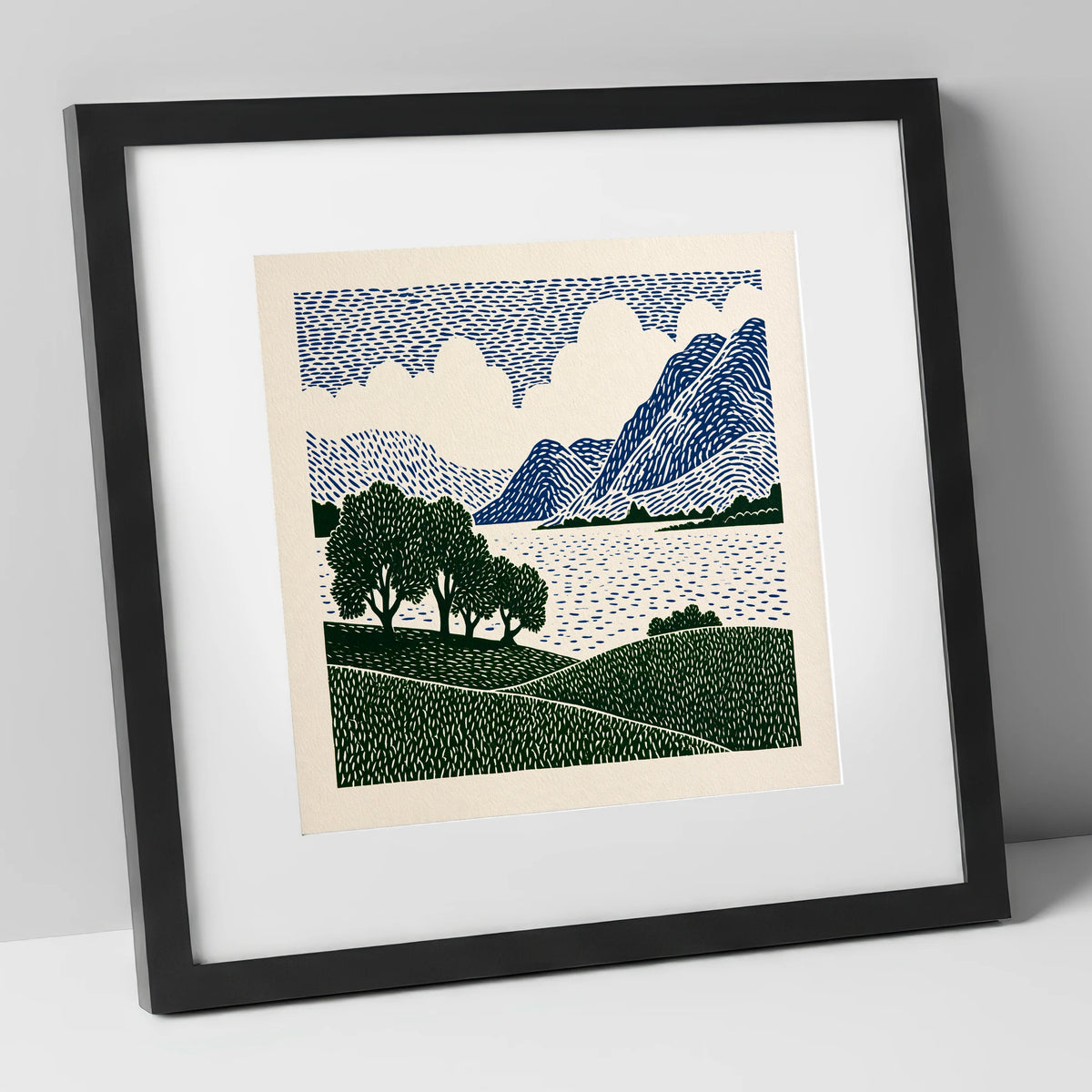 Crummock Water in Navy and Green lake district lake art print in black frame