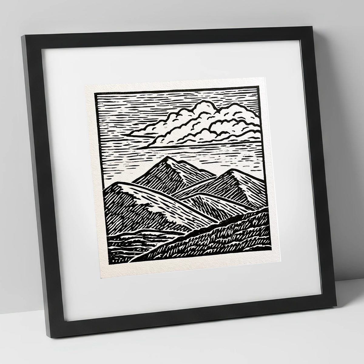 Black and White Rolling Fells lake district fell art print in black frame
