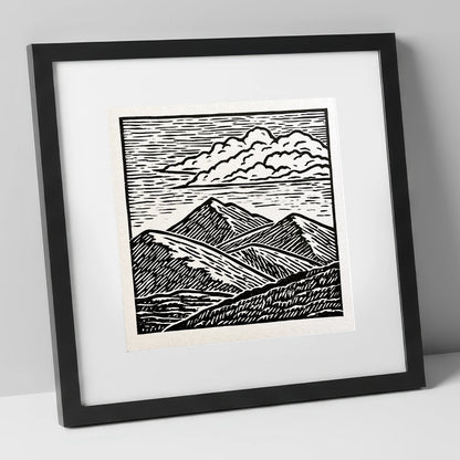 Black and White Rolling Fells lake district fell art print in black frame