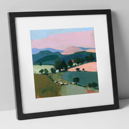 Pink Evening Light on Lakeland Fells lake district sky art print in black frame