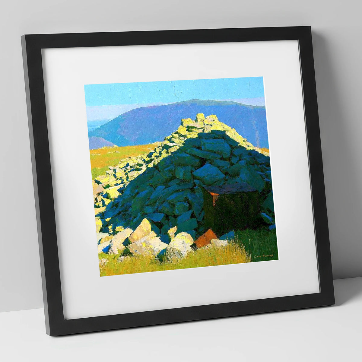 Sunlit Cairn on Grike Summit lake district fell art print in black frame