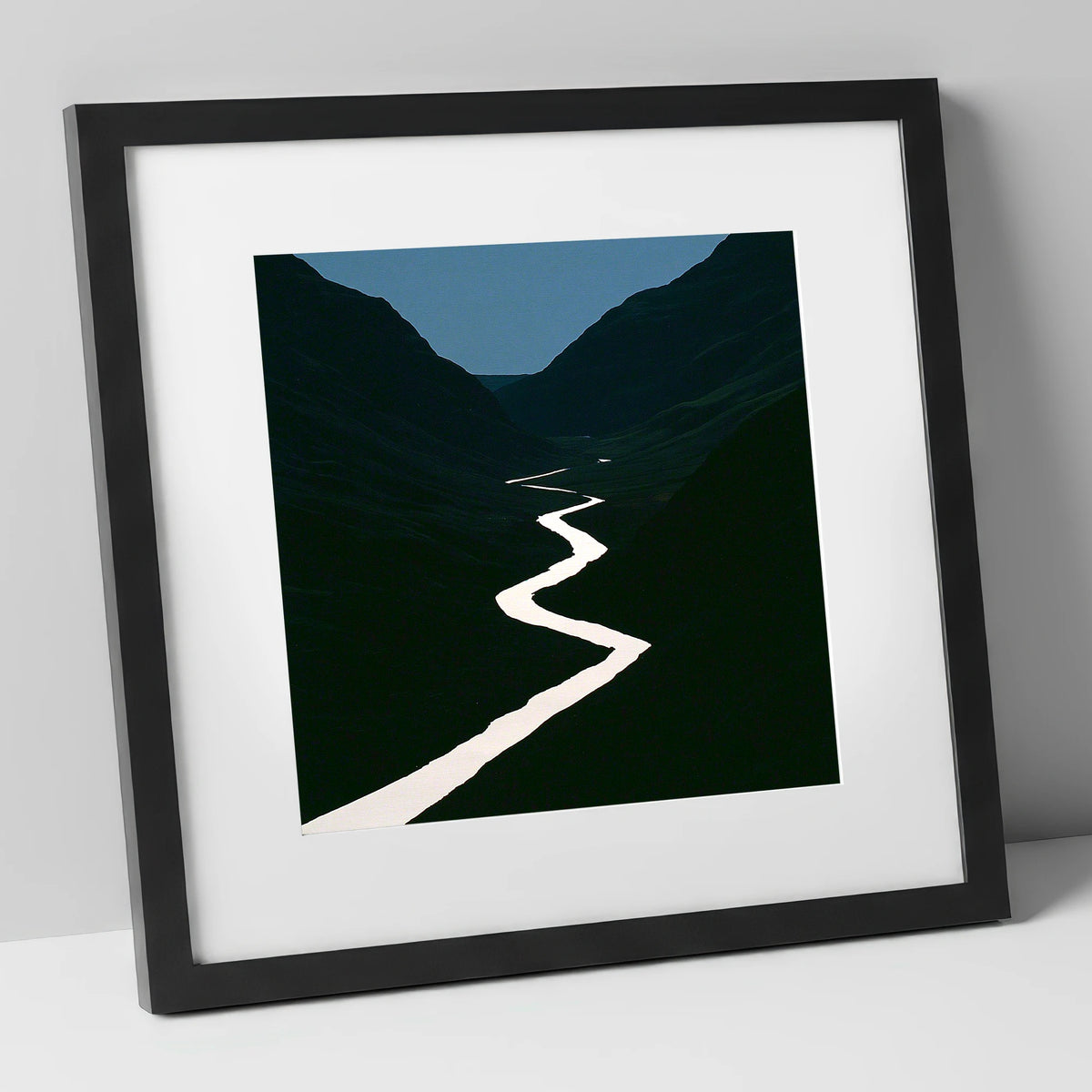 Silver River in Shadowed Valley lake district waterfall art print in black frame