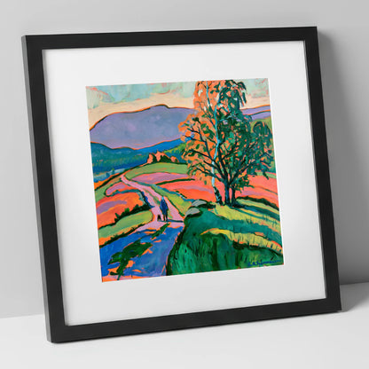 Hawkshead Fells with Dog Walker gifts for dog walkers art print in black frame