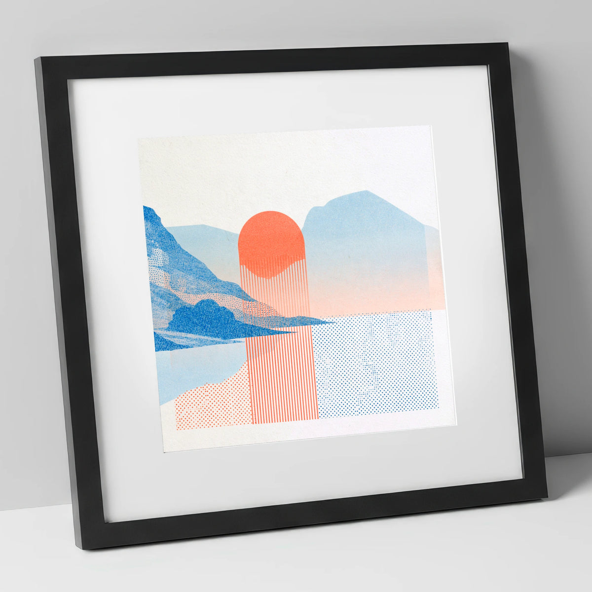 Modern Buttermere in Coral and Blue lake district lake art print in black frame