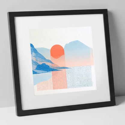 Modern Buttermere in Coral and Blue lake district lake art print in black frame