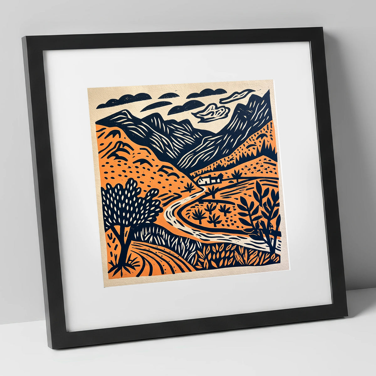 Terracotta And Navy Eskdale Valley lake district valley art print in black frame