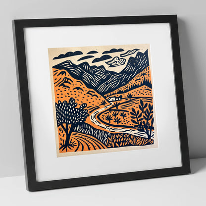 Terracotta And Navy Eskdale Valley lake district valley art print in black frame