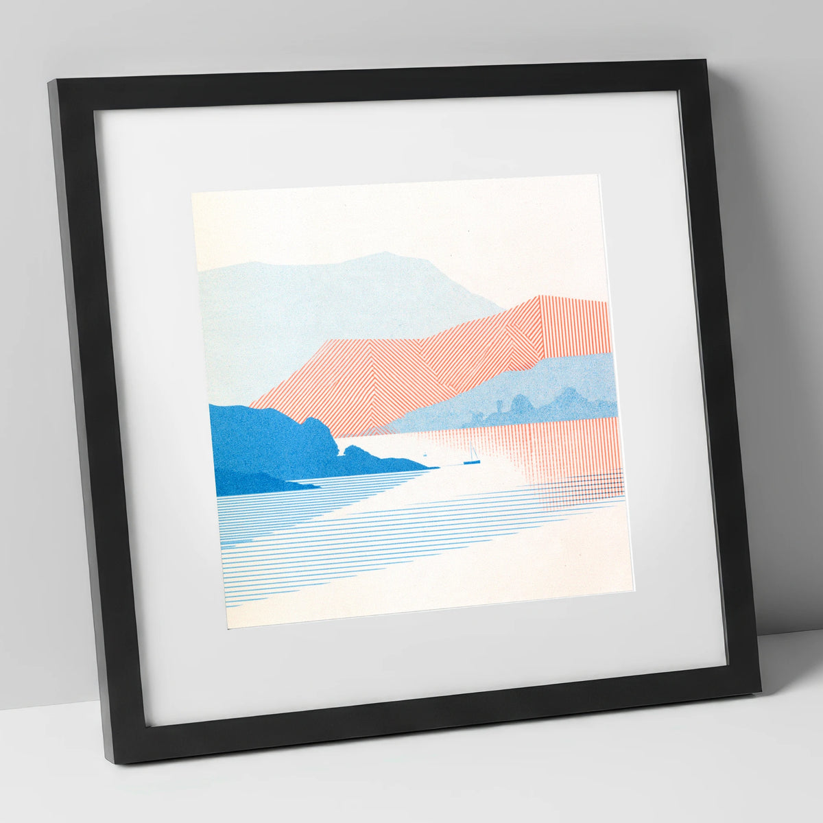 Geometric Coniston Water Fells lake district lake art print in black frame