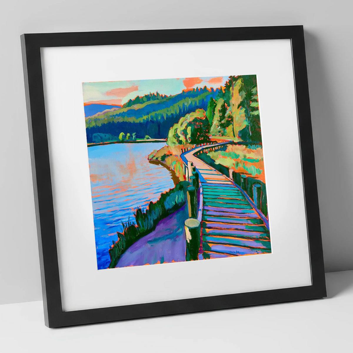 Vibrant Boardwalk at Tarn Hows lake district lake art print in black frame