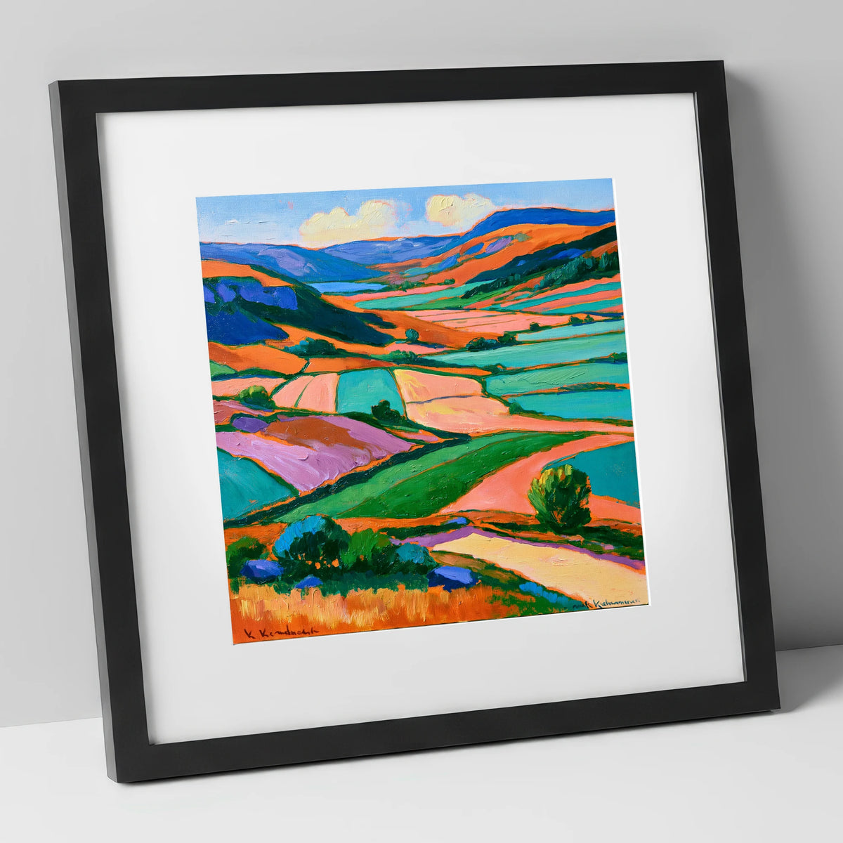 Vibrant Dale Patchwork Fields lake district valley art print in black frame