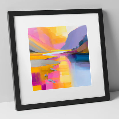 Pink and Gold River Valley lake district waterfall art print in black frame